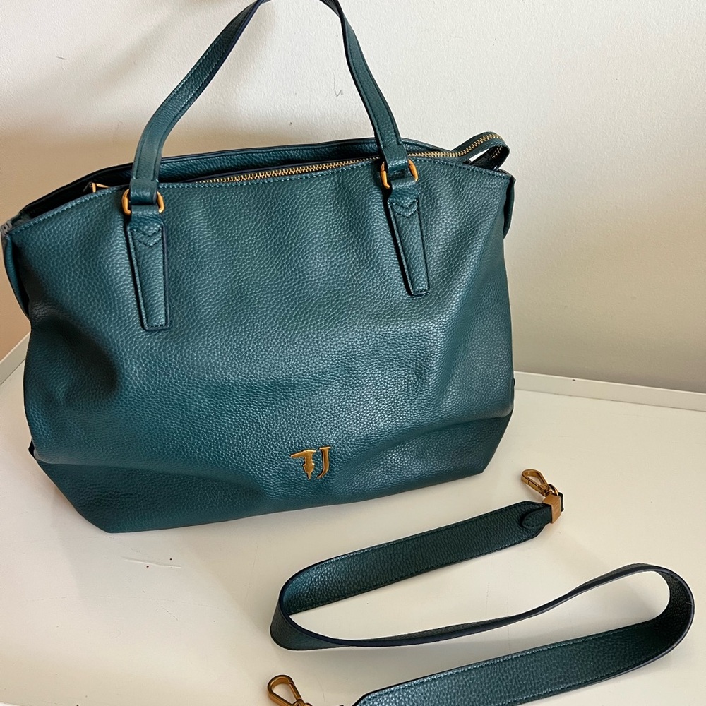 Trussardi Green Leather Shoulder Bag with Gold Accents and Blue Velvet Detail